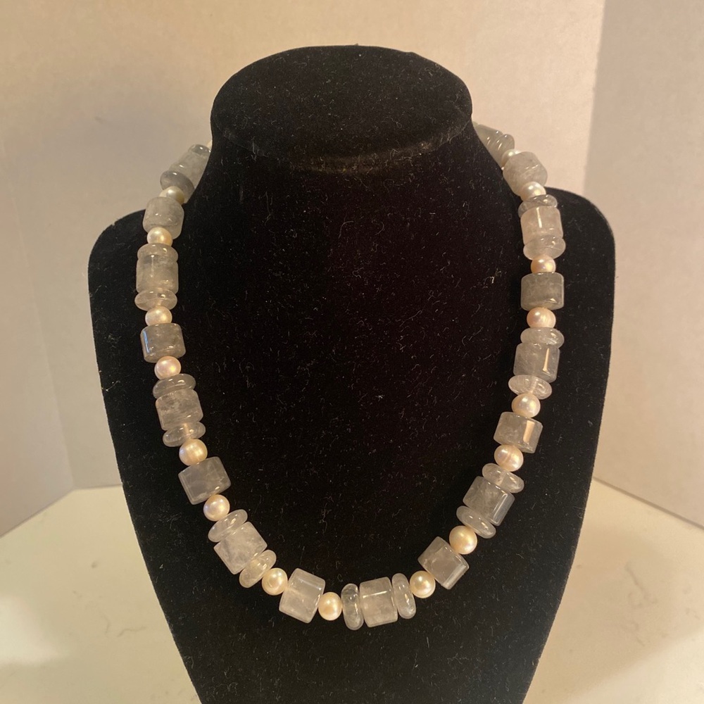 Gray Vintage Milky Aquamarine Chunky Hand Cut & Knotted Beads 18" Necklace NWT